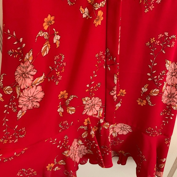 Red Floral Mini Dress with Flutter Sleeves & Ruffle Hem by BB Dakota - Size 6 - Picture 11 of 14